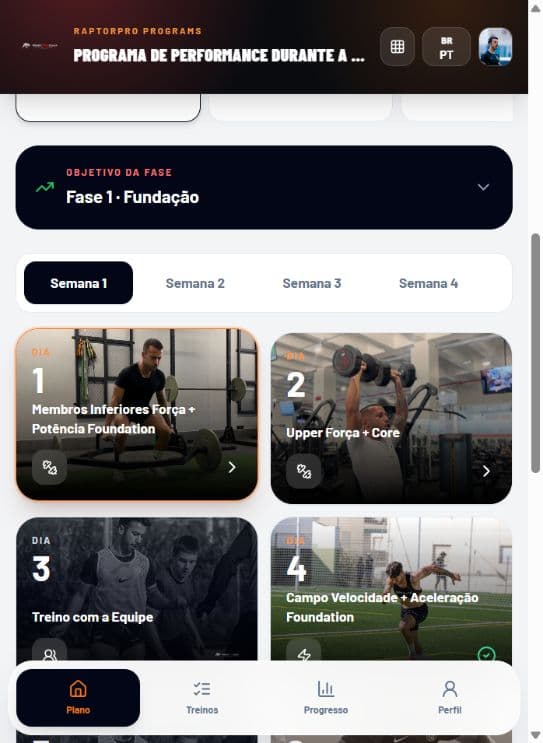 Tela real do In-Season Pro no RaptorPro, com calendário e sessões de treino