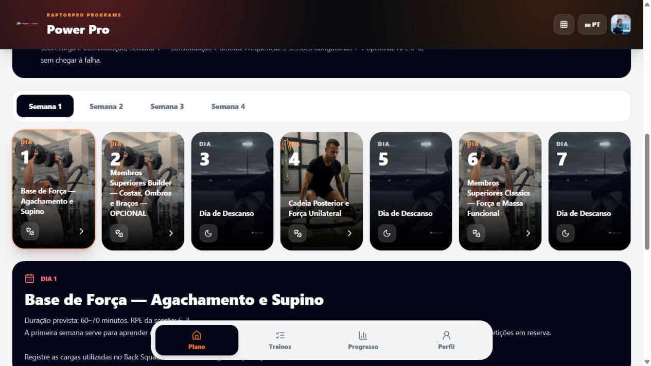 Calendário de treino do atleta no RaptorPro